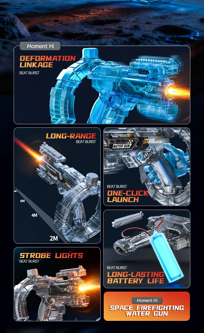 Space Electric Water Gun Energy Ring Burst Transformation LED Lights Large Capacity Full Auto Continuous Fire Squirt Gun Toy